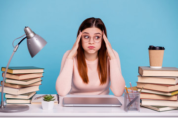 Portrait of her she nice-looking attractive smart clever girl researching scientific book self...