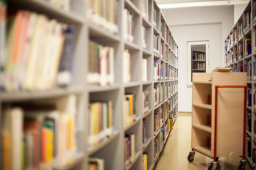 Blurred background. Library, books. Close-up.