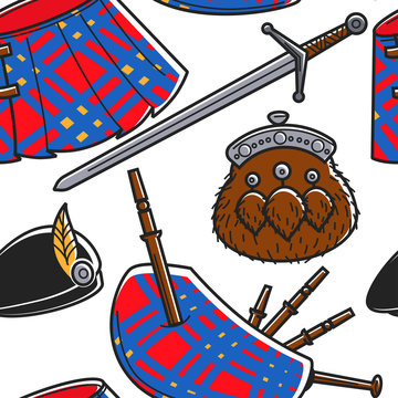 Scottish national outfit elements seamless pattern travel to Scotland