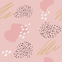 Abstract seamless pattern with strokes and dots on pink
