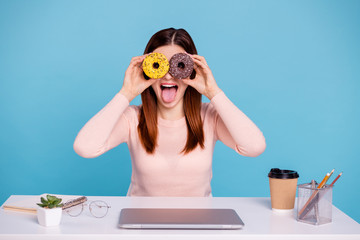 Close up photo beautiful she her foxy lady hands bakery sugary donut eyes make specs free time...