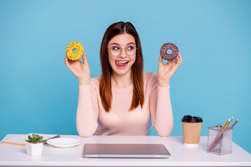 Close up photo beautiful she her foxy lady hand arm bakery sugary donut sprinkles licking lips...