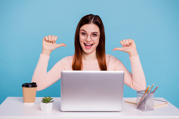 Close up photo beautiful she her foxy lady hands arms fingers indicate direct herself advertising...
