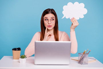 Close up photo beautiful she her foxy model lady hands arms empty paper list expressing mind mood notebook coffee cup table desk wear specs casual pastel warm pullover isolated bright blue background