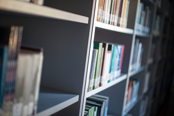 Blurred background. Library, books. Close-up.