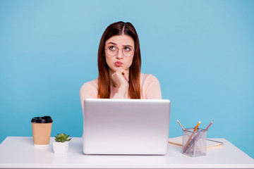 Close up photo beautiful she her foxy lady sit desk office workplace workstation not sure doubtful...