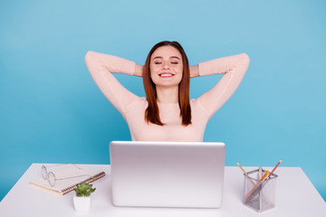 Close up photo beautiful she her foxy lady sit desk office workplace workstation hands arms behind...