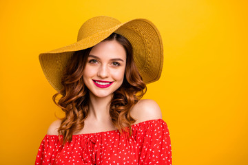 Photo of nice lady pink pomade wear red dress with open shoulders isolated yellow background