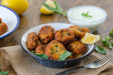 White cheese and yoghurt with courgettes ball , seasonal flavors, vegetable meatball