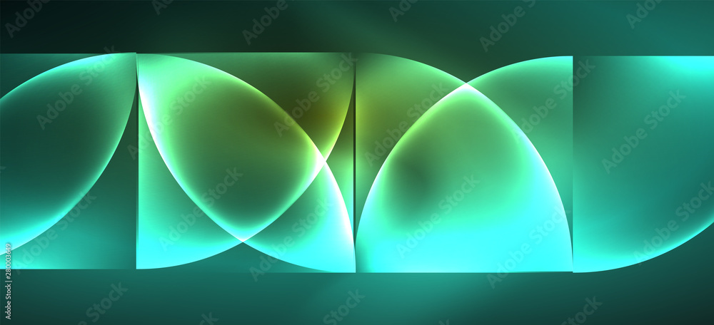 Fototapete techno glowing glass geometric shapes vector background, futuristic dark template with neon light ef