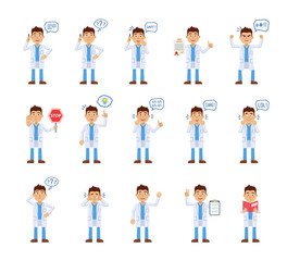Big set of doctor characters showing different actions. Cheerful doctor talking on the phone, thinking, surprised, holding stop sign, document, book and doing other actions. Flat vector illustration