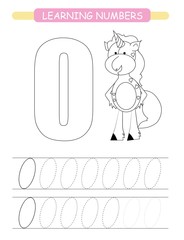 Funny children flashcard number zero. Unicorn with hearts learning to count and to write. Coloring printable worksheet for kindergarten and preschool. Number writing practice 0.