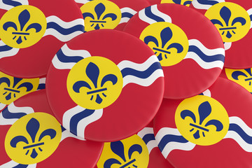 US City Buttons: Pile of Saint Louis, Missouri Flag Badges, 3d illustration