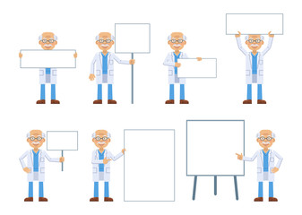 Set of old professor characters posing with different blank banners. Cheerful professor with paper, poster, placard, pointing to whiteboard, teach, advertise, promote. Flat style vector illustration