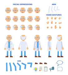 Old professor, scientist or medic creation set. Various gestures, emotions, diverse poses, views. Create your own pose, animation. Simple style vector illustration