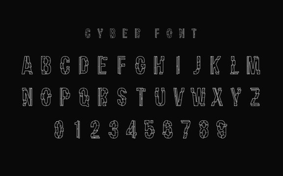 Futuristic vector Font design. Letters and Numbers for web and app. Techno type font alphabet. Digital hi-tech style symbols.
