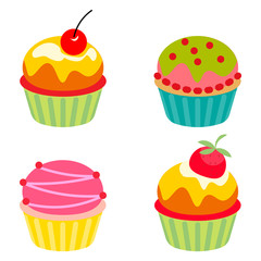 Vector Illustration of isolated vector set of cupcakes or muffins on white background cartoon style