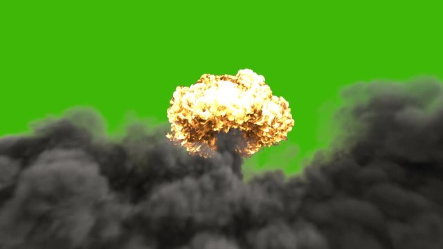 The explosion of a nuclear bomb. Realistic 3D animation of atomic bomb explosion with fire, smoke and mushroom cloud in front of a green screen.