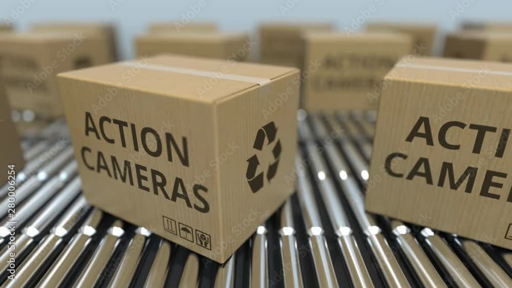 Poster cartons with action cameras on roller conveyors. loopable 3d animation