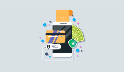 Mobile phone payment icon in flat style. The internet store, online shop, web buying and paying. Smartphone currency Design elements.