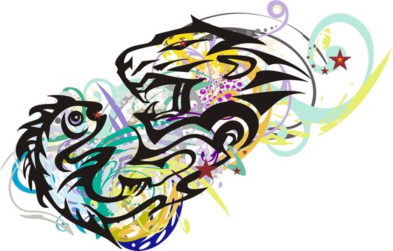 Grunge aggressive tribal symbol lion and fish. Splattered abstract symbol  the growling head of a lion and fish with colorful floral elements on a white background