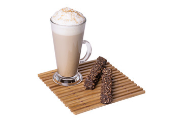 Traditional italian drink coffee latte and wafer chocolate bar with nuts. Cutout