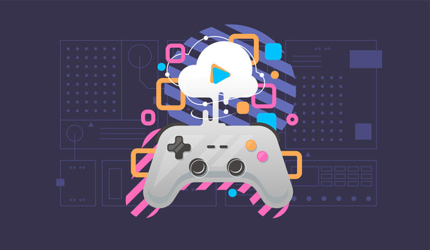 Cloud gaming concept. Gamepad connected to the cloud. Flat style.