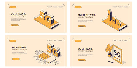 5G isometric illustrations set with digital devices with symbol of fifth generation of wireless internet connection.