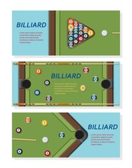 Billiard or snoker background. Good design template for banner, card, flyer. Pool table, balls and cue stick