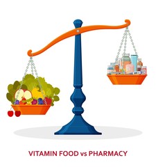 Healthy food and medicines on balanced scale. Healthy lifestyle concept