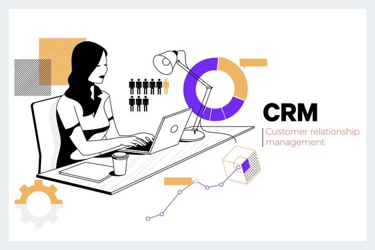 CRM Customer Relationship Management Business Internet Techology Concept.Creative Woman Working With Computer In The Office