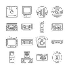 Linear icons set with gadgets of 90s. Retro devices with audio cassette player, tetris, game console, ets