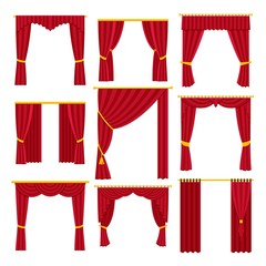 Red curtains set. Vector flat illustration isolated
