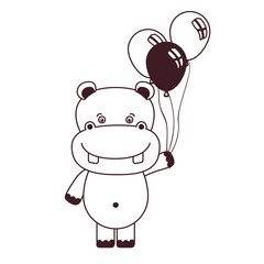 silhouette of cute hippo animal with balloons of helium
