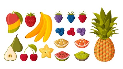Different fruits and berries set isolated on white background.