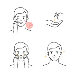 Dry skin care, moisturizing, cream applying male character outline vector icons