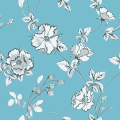 Flower vector illustration with monochrome color roses and leaves on blue background.
