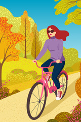 Healthy Lifestyle Concept. Active Woman Excercising in Park. Girl Riding Bicycle. Outdoor Activities. Autumn  Landscape with Trees and Leaves.