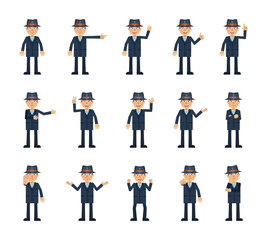 Big set of detective characters showing different hand gestures. Cheerful inspector showing thumb up, pointing, greeting, victory, stop sign and other hand gestures. Simple vector illustration