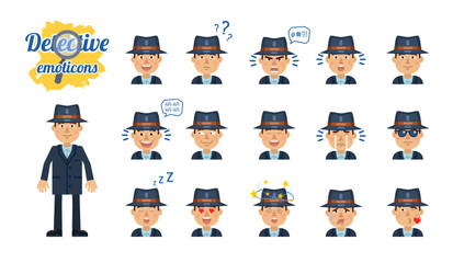 Big set of detective emoticons. Detective emojis showing different facial expressions. Happy, sad, smile, laugh, surprised, dazed, in love, angry and other emotions. Simple vector illustration