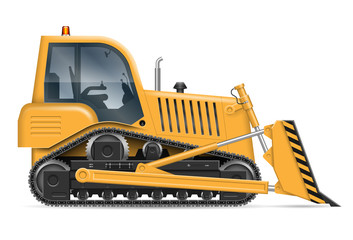 Yellow bulldozer with view from side isolated on white background. Construction vehicle vector mockup, easy editing and recolor © Yuri Schmidt
