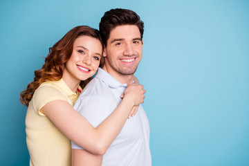 Close-up profile side view portrait of his he her she nice attractive lovely sweet cheerful cheery...