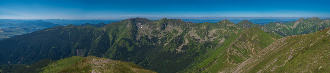 Panoramic view from Baranec peak on Western Tatra mountains or Rohace panorama. Sharp green...