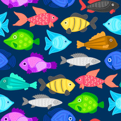 Vector seamless pattern with colorful abstract fish. Undersea world. Aquarium. Wrapping paper, package, wallpaper, poster, clothing and other textile in a pet store, fishing gear shop or aquapark