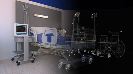 Empty hospital room with empty modenr bed with patient monitoring functions, in the background a wheelchair, 3d rendering, 3d illustration