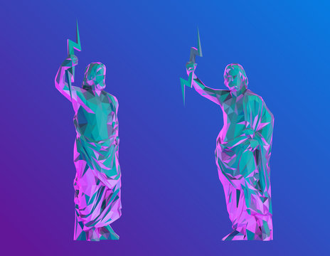 Vaporwave Zeus. Set of Psychedelic Zeus on Retro Background. Low Poly Vector 3D Rendering