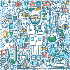 Dentist with Dental Instruments and Teeth in Doodle Style