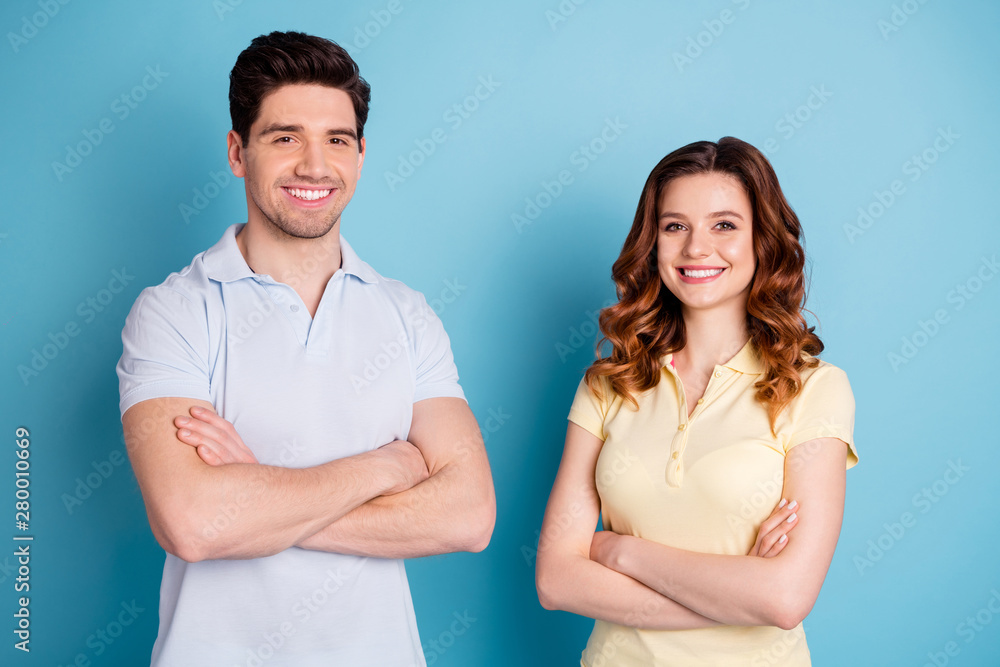 Sticker photo of amazing pair reliable business people freelancers arms crossed bossy wear casual t-shirts i