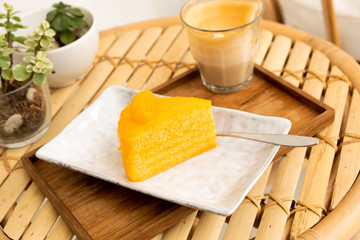 Orange cake in a ceramic dish