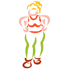 A plump young woman is standing akimbo, a colorful sketch